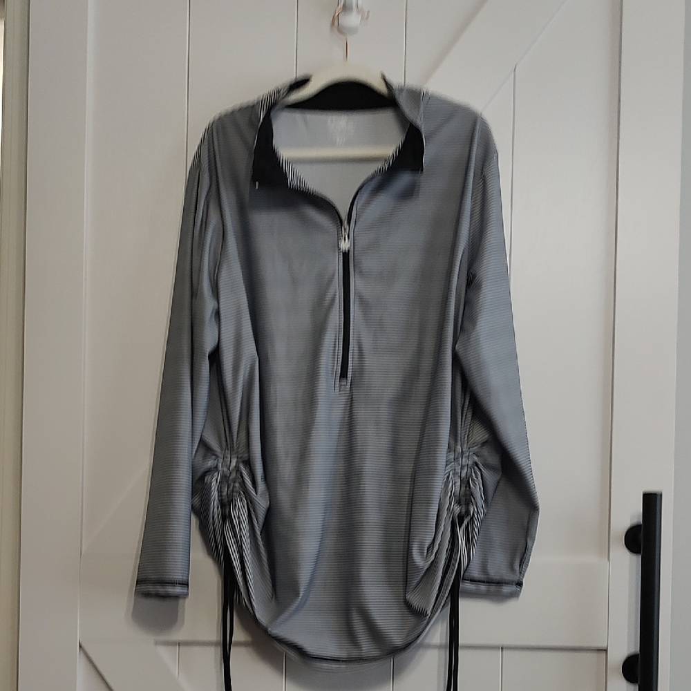 Black & White Striped Long Sleeve Swim Rash Guard with Zip Neck
